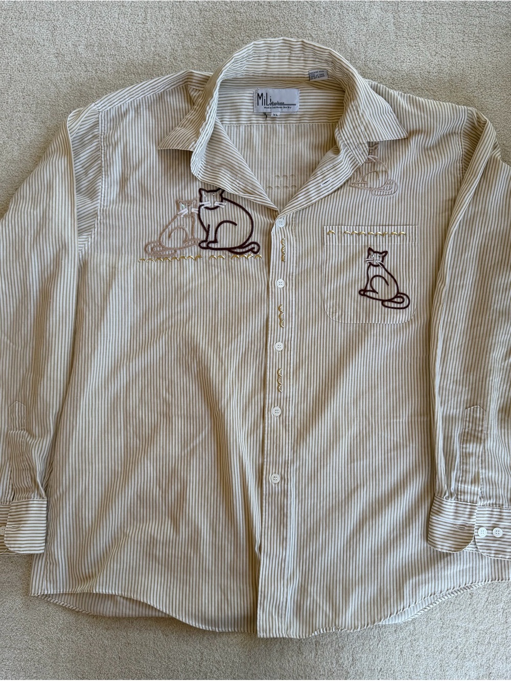 MiL Design Womens XL Cat Shirt Embroidered Rhinestone Y2K Novelty Striped